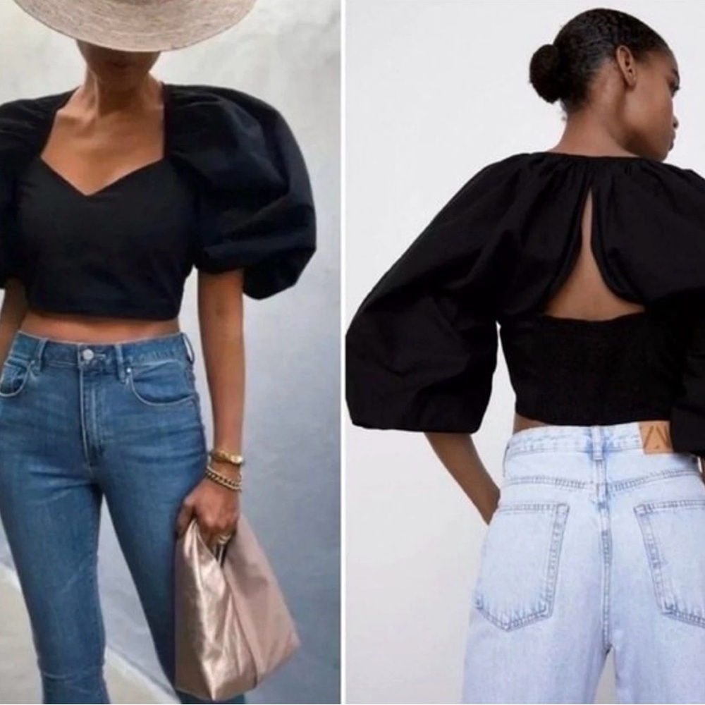 Zara Elegant Black Puff Sleeve Crop Top